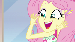 Size: 1280x720 | Tagged: safe, screencap, fluttershy, better together, equestria girls, i'm on a yacht, cute, faic, female, geode of fauna, magical geodes, open mouth, shyabetes, smiling, solo