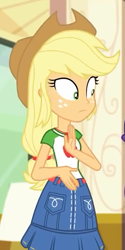 Size: 341x682 | Tagged: safe, screencap, applejack, best trends forever, best trends forever: pinkie pie, better together, equestria girls, applejack's hat, belt, clothes, cowboy hat, cropped, denim skirt, female, freckles, geode of super strength, hat, skirt, solo, stetson