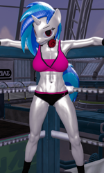 Size: 2160x3603 | Tagged: safe, artist:helioseusebio, dj pon-3, vinyl scratch, anthro, 3d, abs, armpits, bra, clothes, headphones, source filmmaker, sports bra, sports panties