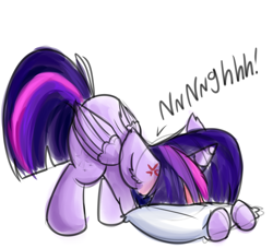 Size: 1024x931 | Tagged: safe, artist:littleblackraencloud, twilight sparkle, twilight sparkle (alicorn), alicorn, pony, angry, cross-popping veins, ear fluff, face down ass up, faceplant, female, floppy ears, mare, pillow, simple background, solo, white background, yelling