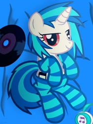 Size: 2488x3300 | Tagged: safe, artist:agkandphotomaker2000, dj pon-3, vinyl scratch, pony, unicorn, bed sheets, clothes, headphones, socks, solo, striped socks, vinyl disc