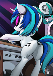 Size: 955x1351 | Tagged: safe, artist:mysticalpha, dj pon-3, vinyl scratch, pony, unicorn, butt, cutie mark, dock, female, mare, performance, plot, rear view, solo, sunglasses, wubbutt