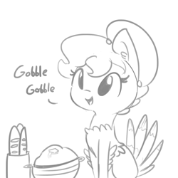 Size: 1075x1075 | Tagged: safe, artist:tjpones, oc, oc only, oc:brownie bun, horse wife, baguette, bread, clothes, costume, dialogue, ear fluff, food, grayscale, holiday, monochrome, simple background, sitting, solo, thanksgiving, turkey, turkey costume, white background