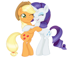 Size: 1024x819 | Tagged: safe, artist:sparkleshadow, applejack, rarity, earth pony, pony, unicorn, bipedal, cute, eyes closed, eyeshadow, female, hug, jackabetes, lesbian, makeup, one eye closed, open mouth, raribetes, rarijack, shipping, simple background, transparent background