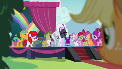 Size: 1280x720 | Tagged: safe, screencap, apple bloom, applejack, carrot crunch, coloratura, lily longsocks, scootaloo, silver spoon, snails, snips, sweetie belle, twist, earth pony, pony, unicorn, the mane attraction, colt, countess coloratura, cutie mark crusaders, male, rainbow, stage