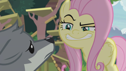 Size: 1920x1080 | Tagged: safe, screencap, angel bunny, fluttershy, sandra, pegasus, pony, wolf, she talks to angel, evil grin, eyebrows, faic, female, grin, mare, raised eyebrow, raised eyebrows, smiling, smug, worried