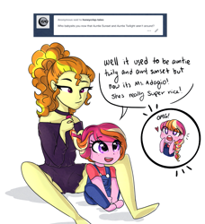 Size: 845x926 | Tagged: safe, artist:h0mi3, adagio dazzle, oc, oc:honeycrisp blossom, equestria girls, ask, babysitting, braid, braiding, cute, honeycrisp tales, mamadagio, offspring, overalls, parent:big macintosh, parent:princess cadance, parents:cadmac, simple background, tumblr, white background