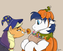 Size: 2215x1801 | Tagged: safe, artist:rutkotka, applejack, oc, oc:constance everheart, earth pony, pony, candy, canon x oc, caramel apple (food), clothes, costume, everjack, female, food, halloween, halloween costume, hat, holiday, male, mare, nightmare night costume, pumpkin, shipping, stallion, straight, wizard hat