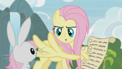 Size: 1920x1080 | Tagged: safe, screencap, angel bunny, fluttershy, pegasus, pony, rabbit, she talks to angel, animal, checklist, female, list, male, mare, messy mane, wing hands, wingers, wings