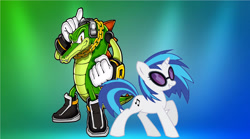 Size: 4000x2226 | Tagged: safe, artist:brandonale, dj pon-3, vinyl scratch, pony, unicorn, crossover, sonic the hedgehog (series), vector the crocodile