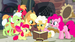 Size: 1440x809 | Tagged: safe, screencap, apple bloom, applejack, big macintosh, goldie delicious, granny smith, pinkie pie, earth pony, pony, pinkie apple pie, apple family, book, family, female, filly, foal, gramophone, male, mare, prone, reading, spider web, stallion