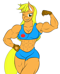 Size: 1330x1636 | Tagged: safe, artist:calm wind, artist:matchstickman, edit, applejack, anthro, 1000 years in photoshop, abs, applejacked, applerack, armpits, biceps, breasts, cleavage, clothes, fingerless gloves, flexing, gloves, missing accessory, muscles, one eye closed, shorts, sports bra