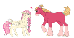 Size: 4100x2100 | Tagged: safe, artist:bizaardwolf, big macintosh, fluttershy, pegasus, pony, braid, chest feathers, female, floating heart, fluttermac, freckles, headcanon, heart, male, mare, missing cutie mark, shipping, simple background, socks (coat marking), stallion, straight, tail feathers, unshorn fetlocks, white background