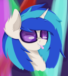 Size: 900x1000 | Tagged: safe, artist:midnight-note, dj pon-3, vinyl scratch, pony, unicorn, :p, abstract background, bust, chest fluff, cute, ear fluff, one eye closed, portrait, solo, tongue out, vinylbetes, wink