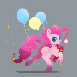 Size: 900x900 | Tagged: safe, artist:snow angel, pinkie pie, earth pony, pony, balloon, chest fluff, cupcake, cute, diapinkes, female, food, gray background, grin, heart, looking at you, mare, mouth hold, prehensile mane, raised hoof, signature, simple background, smiling, solo, sparkles, trotting, underhoof