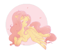 Size: 1257x1080 | Tagged: safe, artist:airborneice, fluttershy, pegasus, pony, abstract background, female, floppy ears, lidded eyes, mare, one wing out, petals, prone, smiling, solo, wings