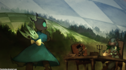 Size: 1250x693 | Tagged: safe, artist:foxinshadow, changeling, pony, alice, alice in wonderland, bipedal, cake, candle, chair, clothes, dress, hat, mad hatter, parody, table, tea party, teacup, teapot, through the looking-glass