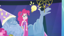 Size: 1920x1080 | Tagged: safe, screencap, pinkie pie, star swirl the bearded, better together, equestria girls, twilight under the stars, astrolabe, bare shoulders, lightbulb, sleeveless, statue of star swirl, strapless