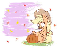 Size: 2100x1700 | Tagged: safe, artist:heir-of-rick, applejack, earth pony, pony, abstract background, autumn, autumn leaves, cowboy hat, cute, falling leaves, female, freckles, halloween, hat, jackabetes, knife, leaves, mare, mouth hold, pumpkin, pumpkin carving, sitting, smiling, solo