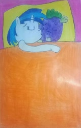 Size: 459x720 | Tagged: safe, dj pon-3, spike, vinyl scratch, dragon, pony, unicorn, bed, female, kiss on the cheek, kissing, male, shipping, straight, traditional art, vinylspike