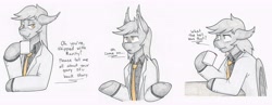 Size: 8153x3153 | Tagged: safe, artist:flicker-show, oc, oc only, bat pony, pony, bat pony oc, clothes, cup, dialogue, fangs, floppy ears, male, necktie, simple background, smiling, solo, stallion, suit, traditional art, white background