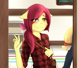 Size: 3000x2616 | Tagged: safe, artist:shimmi, apple bloom, applejack, anthro, cheek fluff, chest fluff, clothes, cute, flannel, floppy ears, messenger bag, older, older apple bloom, sad, sadorable, shirt, teary eyes, waving