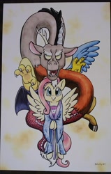 Size: 2447x3837 | Tagged: safe, artist:helicityponi, discord, fluttershy, draconequus, pegasus, pony, clothes, copic, kimono (clothing), photo, traditional art