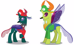 Size: 3588x2187 | Tagged: safe, artist:kirbymlp, pharynx, thorax, changedling, changeling, brotherhood, brotherly love, brothers, changedling brothers, clothes, costume, crossover, facial hair, king thorax, luigi, male, mario, moustache, nightmare night, nightmare night costume, overalls, prince pharynx, simple background, vector, white background