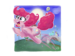 Size: 1600x1200 | Tagged: safe, artist:wimsie, bon bon, lyra heartstrings, pinkie pie, sweetie drops, earth pony, pony, unicorn, balloon, bridge, cute, diapinkes, female, long description, magic, mare, open mouth, pronking, sun, telekinesis, underhoof