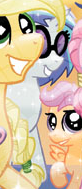 Size: 82x189 | Tagged: safe, derpibooru import, idw, applejack, dj pon-3, scootaloo, vinyl scratch, crystal pony, earth pony, pony, unicorn, spoiler:comic, spoiler:comic04, cropped, crystallized, female, mare, solo focus