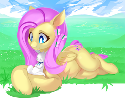 Size: 2988x2400 | Tagged: safe, artist:shnider, angel bunny, fluttershy, pegasus, pony, cute, female, high res, mare, prone, shyabetes, solo