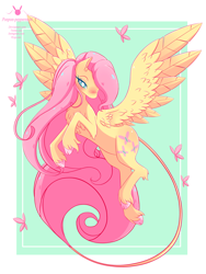 Size: 3000x4000 | Tagged: safe, artist:ponpon-peppermint, fluttershy, butterfly, pegasus, pony, blushing, chest fluff, cloven hooves, female, hair over one eye, head turn, leonine tail, mare, solo, spread wings, stray strand, three quarter view, unshorn fetlocks, wings
