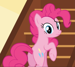 Size: 1041x938 | Tagged: safe, screencap, pinkie pie, earth pony, pony, the one where pinkie pie knows, balloonbutt, butt, confused, cropped, female, looking at you, looking back, looking back at you, mare, plot, raised hoof, rear view, solo, stairs, underhoof