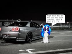 Size: 1152x864 | Tagged: safe, dj pon-3, vinyl scratch, pony, unicorn, car, fourth wall, fourth wall break, nissan, nissan skyline, skyline