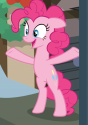 Size: 595x845 | Tagged: safe, screencap, pinkie pie, earth pony, pony, hearthbreakers, bipedal, cropped, female, floppy ears, hooves in air, mare, open mouth, smiling, solo, underhoof