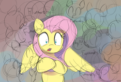 Size: 3496x2362 | Tagged: safe, artist:taurson, fluttershy, pegasus, pony, anxiety, colored sketch, crowd, dialogue, female, mare, surrounded, wide eyes, wings