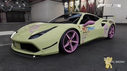 Size: 1280x720 | Tagged: safe, artist:forzaveteranenigma, fluttershy, pegasus, pony, fanfic:equestria motorsports, car, ferrari, ferrari 488 gtb, forza motorsport 7, garage, livery, photo, supercar, watermark