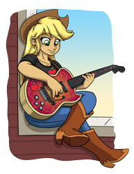 Size: 2550x3300 | Tagged: safe, artist:latecustomer, applejack, equestria girls, bass guitar, boots, clothes, cowboy boots, female, guitar, jeans, musical instrument, pants, shoes, simple background, solo, transparent background