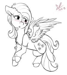 Size: 900x1000 | Tagged: safe, artist:yuris, fluttershy, pegasus, pony, blushing, clothes, cute, embarrassed, female, leg warmers, mare, monochrome, socks, solo