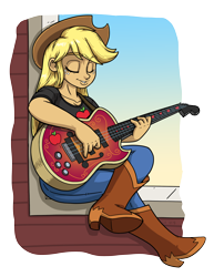 Size: 2550x3300 | Tagged: safe, alternate version, artist:latecustomer, applejack, equestria girls, bad guitar anatomy, boots, clothes, eyes closed, female, guitar, jeans, pants, shoes, simple background, solo, transparent background