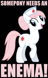 Size: 800x1300 | Tagged: safe, artist:drfatalchunk, nurse redheart, earth pony, pony, caption, enema, female, image macro, implied anal insertion, implied insertion, inappropriate smile, mare, meme, pink text, solo