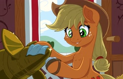 Size: 4096x2650 | Tagged: safe, artist:latecustomer, applejack, earth pony, pony, barn, cowboy hat, cute, female, guardians of harmony, hat, jackabetes, jetpack, mare, polishing, propeller, smiling, solo, toy, toy interpretation