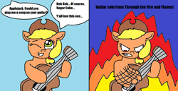 Size: 994x514 | Tagged: safe, artist:logan jones, applejack, earth pony, pony, angry, cute, dragonforce, female, fire, freckles, guitar, metal, offscreen character, one eye closed, solo, song, speech bubble, through the fire and flames, wink