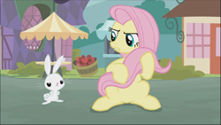Size: 1279x720 | Tagged: safe, screencap, angel bunny, fluttershy, pegasus, pony, rabbit, she talks to angel, animal, annoyed, body swap, cropped, cute, duo, female, glare, holding tail, looking at each other, madorable, male, mare, shyabetes, sitting