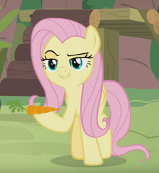 Size: 603x659 | Tagged: safe, screencap, angel bunny, fluttershy, pegasus, pony, she talks to angel, body swap, carrot, cropped, evil grin, female, food, grin, lidded eyes, mare, raised eyebrow, smiling, smirk, solo