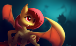 Size: 4500x2700 | Tagged: safe, artist:auroriia, applejack, fluttershy, spike, bat pony, bats!, bat ponified, bat wings, fangs, female, flutterbat, head turn, night, race swap, red eyes, signature, silhouette, solo focus, spread wings, wings