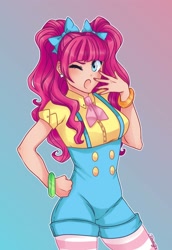 Size: 1372x2000 | Tagged: safe, artist:nemovonsilver, pinkie pie, human, equestria girls, alternate hairstyle, bow, cute, diapinkes, female, gradient background, hair bow, hand on hip, humanized, nail polish, one eye closed, open mouth, pigtails, solo, suspenders, wink, yawn