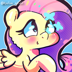 Size: 900x900 | Tagged: safe, artist:talim_stuff, fluttershy, butterfly, pegasus, pony, blushing, bust, chibi, cute, icon, looking at something, looking up, shyabetes, smiling, solo, wings