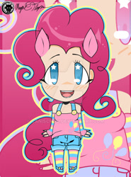 Size: 600x812 | Tagged: safe, artist:canischou, pinkie pie, human, clothes, cute, deviantart, deviantart watermark, diapinkes, eared humanization, female, humanized, looking at you, obtrusive watermark, shirt, shoes, shorts, socks, solo, tailed humanization, watermark