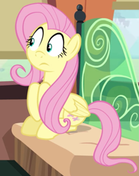 Size: 911x1156 | Tagged: safe, screencap, fluttershy, pegasus, pony, buckball season, cropped, female, friendship express, mare, sitting, solo, worried